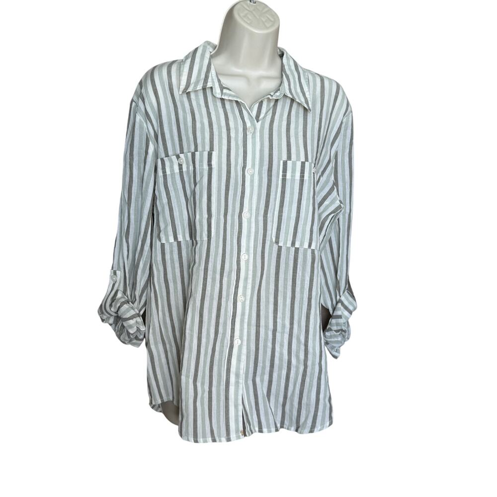 Sanctuary Cream Green Cotton Stripe Button Up Boyfriend Shirt M NWT